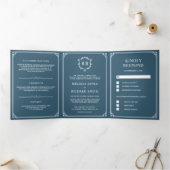 Invitation Trois Volets Élégant classique Dusty Blue Monogram Mariage (Intérieur)