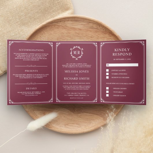 Invitation Trois Volets Élégant classique Dusty Mariage de monogramme rose