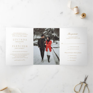 Invitation Trois Volets Élégant classique Gold Photo Mariage officiel