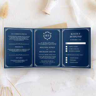 Invitation Trois Volets Élégant Classique Mariage Monogramme Bleu Nuit
