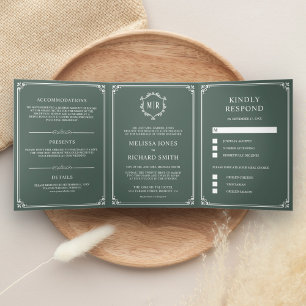 Invitation Trois Volets Élégant Classique Monogramme de Mariage Vert Pouss