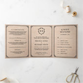 Invitation Trois Volets Élégant classique Rustique Burlap Monogram Mariage (Intérieur)