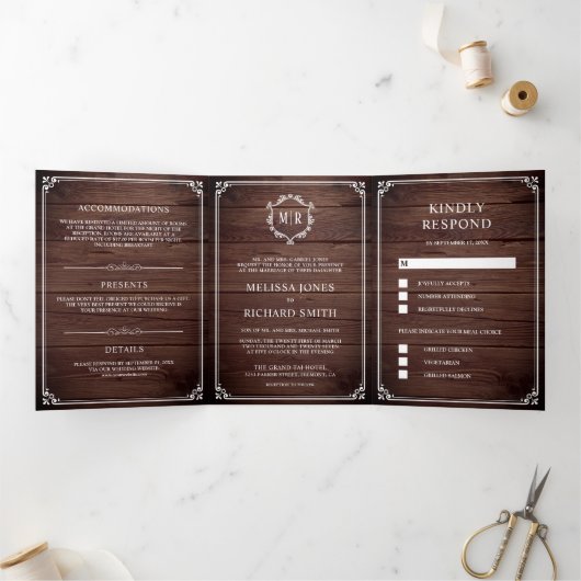 Invitation Trois Volets Élégant classique rustique grange Mariage Monogram (Intérieur)