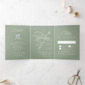 Invitation Trois Volets Élégant Classy Calligraphie Mariage Sage Green (Intérieur)