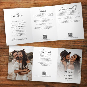 Invitation Trois Volets Élégant Code QR de Mariage Tout-en-Un Botanique