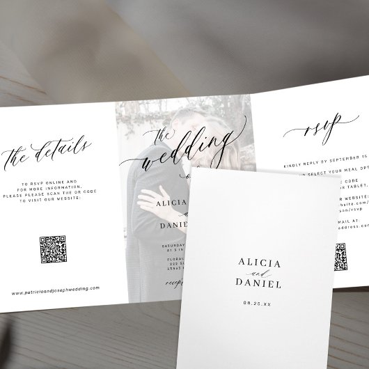 Invitation Trois Volets Elégant code QR RSVP photo blanc mariage