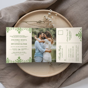 Invitation Trois Volets Élégant damas vert mariage indien traditionnel