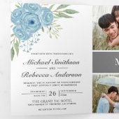 Invitation Trois Volets Elégant Dusty Blue Roses Photo Collage Mariage (Intérieur en premier)