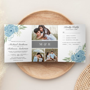 Invitation Trois Volets Elégant Dusty Blue Roses Photo Collage Mariage