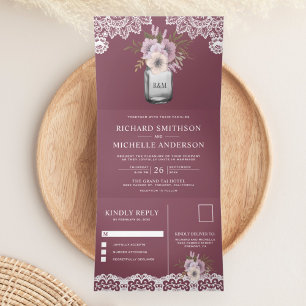 Invitation Trois Volets Elégant Dusty rose Floral Mason Jar Mariage dentel
