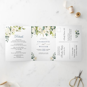 Invitation Trois Volets Elégant Eucalyptus Ivory White Roses Mariage