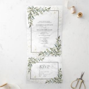 Invitation Trois Volets Elégant Eucalyptus Vert Marbre Or Photo