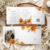 Invitation Trois Volets Elegant floral wedding all in one QR code RSVP