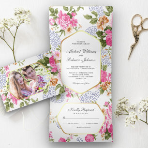 Invitation Trois Volets Elégant Jardin botanique rose Roses 3 en 1 Mariage