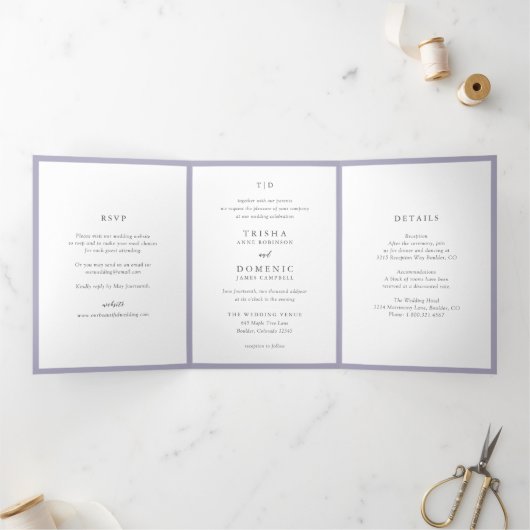 Invitation Trois Volets Élégant Lilac Monogramme Mariage moderne (Intérieur)
