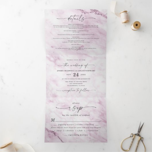 Invitation Trois Volets Élégant marbre violet clair avec Mariage à huile (Intérieur)