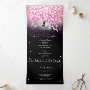 Invitation Trois Volets Élégant Mariage au Feuille de Coeur Rose et Noir