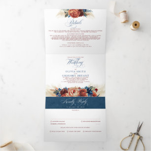 Invitation Trois Volets Élégant mariage bohème Terracotta et bleu marine