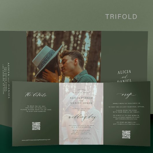Invitation Trois Volets Elégant mariage classique photo vert foncé RSVP QR