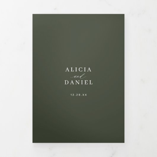 Invitation Trois Volets Elégant mariage classique photo vert foncé RSVP QR (Page de couverture)