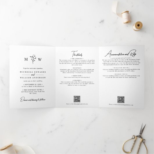 Invitation Trois Volets Élégant Mariage de code QR tout-en-un botanique (Intérieur)