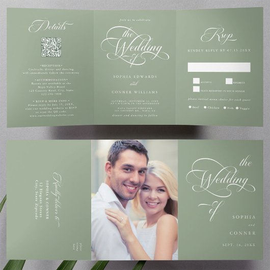Invitation Trois Volets Élégant Mariage de script élégant Sage Vert
