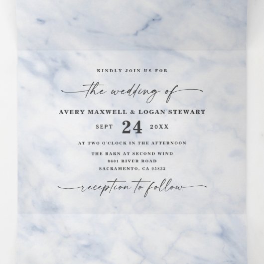 Invitation Trois Volets Elégant Mariage en marbre métallique bleu et argen (Intérieur au milieu)
