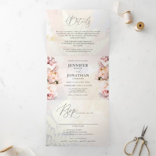 Invitation Trois Volets Élégant Mariage Fleurs Rose Blush  (Intérieur)