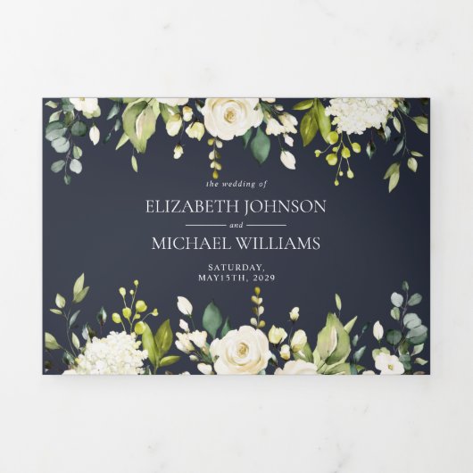 Invitation Trois Volets Elégant Mariage floral bleu et blanc (Page de couverture)