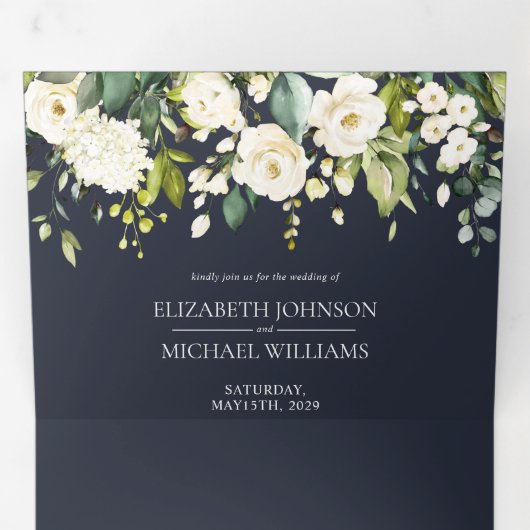 Invitation Trois Volets Elégant Mariage floral bleu et blanc (Intérieur en premier)