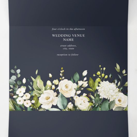 Invitation Trois Volets Elégant Mariage floral bleu et blanc (Intérieur au milieu)