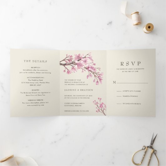 Invitation Trois Volets Élégant Mariage floral rose fleur de cerisier (Intérieur)