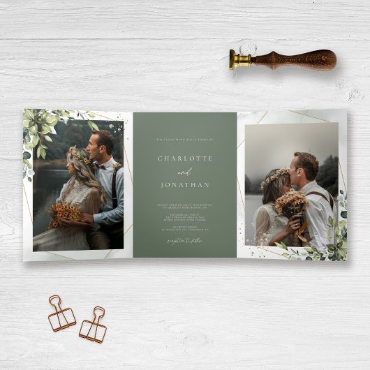 Invitation Trois Volets Élégant Mariage floral vert Eucalyptus Sage