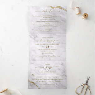 Invitation Trois Volets Élégant Mariage Marbre Gris & Blanc avec Feuille d