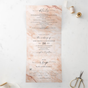 Invitation Trois Volets Élégant Mariage Marbre Métallisé Orange Terre Cuit