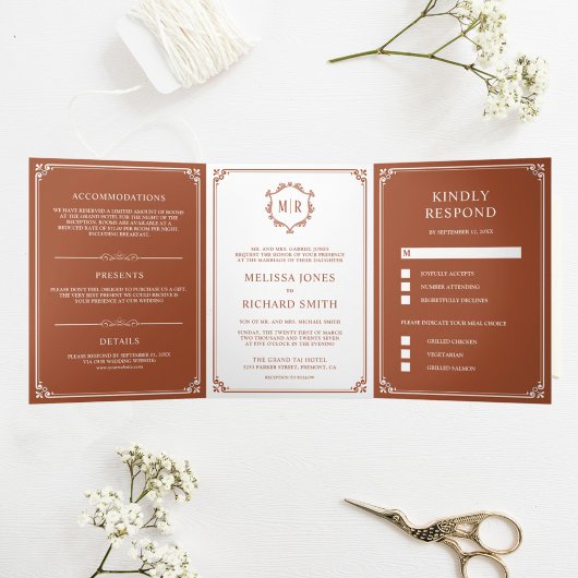 Invitation Trois Volets Élégant Mariage Monogramme blanc et en terre cuite