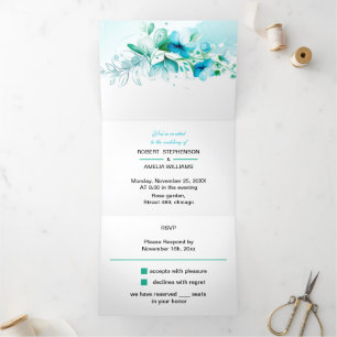 Invitation Trois Volets Elégant Mariage personnalisé Fleur Bleue