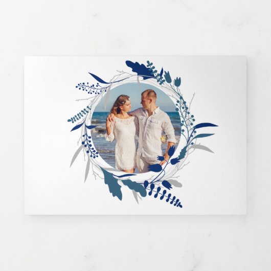 Invitation Trois Volets Elégant Mariage photo bleu marine Floral (Page de couverture)