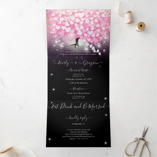 Invitation Trois Volets Élégant Mariage Pink and Black Heart Leaf (Intérieur)