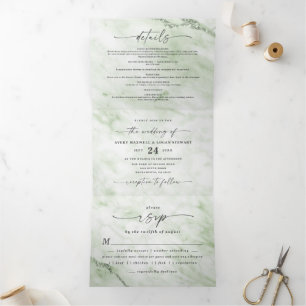 Invitation Trois Volets Élégant Mariage Vert Sauge Genévrier Marbre Métall
