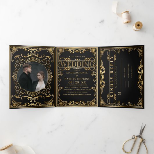Invitation Trois Volets Élégant Mariage victorien Steampunk (Intérieur)