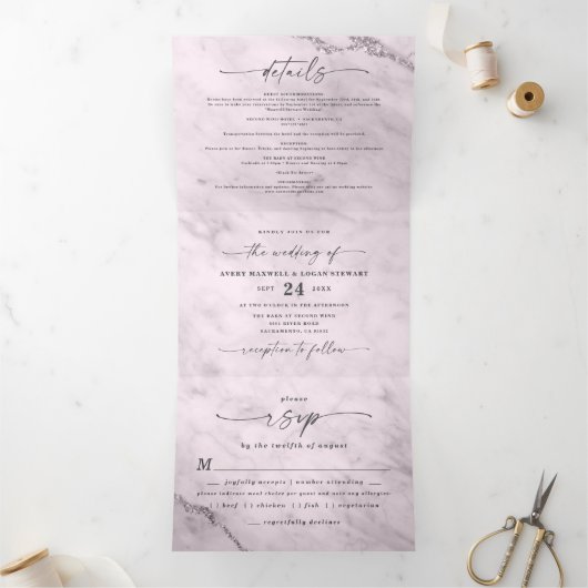 Invitation Trois Volets Elégant Mauve violet Mariage en marbre métallique (Intérieur)