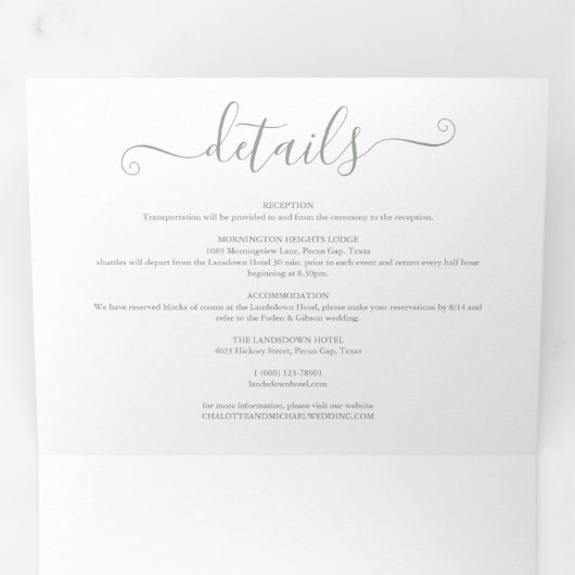 Invitation Trois Volets Élégant moderne Sage Green Script Mariage photo (Intérieur en premier)