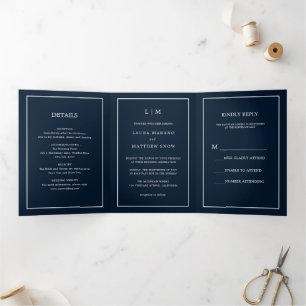 Invitation Trois Volets Élégant Monogramme bleu marine moderne Simple Mari