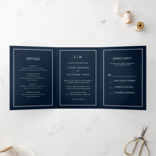 Invitation Trois Volets Élégant Monogramme bleu marine moderne Simple Mari (Intérieur)