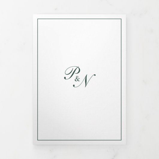 Invitation Trois Volets Élégant Monogramme Formel Photo Forêt Mariage Vert (Page de couverture)