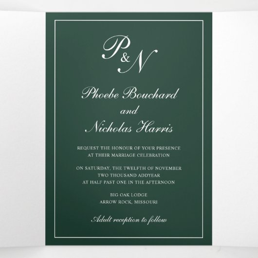 Invitation Trois Volets Élégant Monogramme Formel Photo Forêt Mariage Vert (Intérieur au milieu)