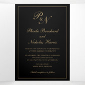 Invitation Trois Volets Élégant Monogramme Photo Black Gold Formal Mariage (Intérieur au milieu)