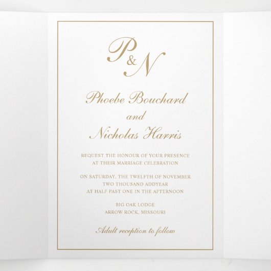 Invitation Trois Volets Élégant Monogramme Photo officielle Faux Gold Mari (Intérieur au milieu)