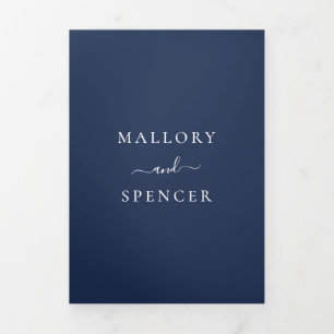 Invitation Trois Volets Élégant Monogramme Photo Simple Mariage bleu marin